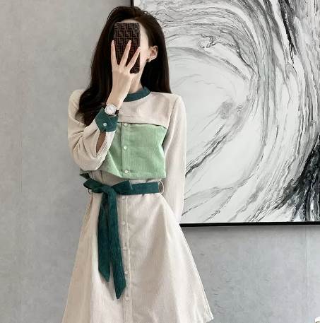 乐天商城 - ワンピース 膝上 長袖 襟なし ノーカラー ドッキング デザイン ボタン トリム 美ライン ニュアンス ベルト ウエストマーク かわいい 大人可愛い きれいめ シンプル カジュアル 上品 おしゃれ 大人女子 こなれ感 送料無料 個性的 ワンピース ラブリー キュート ガーリー