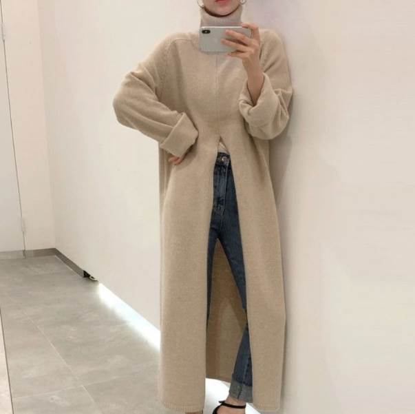 乐天商城 - ワンピース ロング丈 長袖 タートルネック 襟付き デザイン 美ライン ニュアンス スリット 伸縮性 ストレッチ ニット カラバリ リラックス かわいい 大人可愛い きれいめ シンプル カジュアル おしゃれ 送料無料 個性的 ワンピース 大人女子 こなれ感 ラブリー キュート