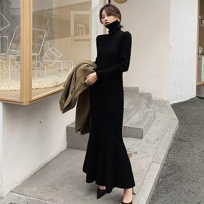 Rakuten - ワンピース ロングスカート ニットスカート セーター マーメイド S M L XL 2XL ロング丈 袖あり 長袖 ハイネック タートルネック スリム プルオーバー かわいい きれいめ シンプル カジュアル 大人 おしゃれ 大人女子 こなれ感 送料無料 個性的 ワンピース ラフ 無地 秋 冬