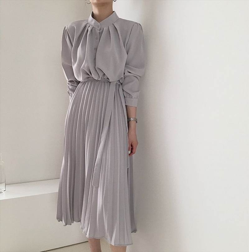 乐天商城 - ワンピース シャツワンピ ひざ丈 長袖 襟無し シャツカラー デザイン ボタン 美ライン ウエストマーク ニット かわいい 大人可愛い きれいめ シンプル カジュアル 大人 上品 おしゃれ 大人女子 こなれ感 ラブリー キュート ガーリー 送料無料 個性的 黒 グレー 紺 S M L