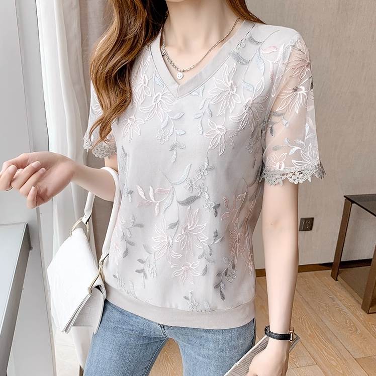 Other - トップス ニットソー ショート丈 半袖 Vネック ストレート 切り替えデザイン レース 刺繍 透け感 シースルー サマーニット かわいい 大人可愛い きれいめ 大人女子 こなれ感 ガーリー モード系 セクシー エレガント モダン トップス S M L XL 2XL グレー 送料無料 個性的