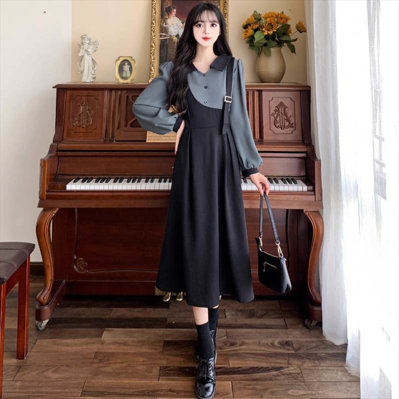 ワンピース フェイクツーピース シャツワンピース ワンピドレス ミモレ丈 長袖 Vネック アシンメトリー 切り替えデザイン ボタン 大人可愛い きれいめ シンプル カジュアル 上品 おしゃれ 大人女子 こなれ感 ガーリー ワンピース クール M L XL 2XL 3XL 4XL 送料無料 個性的(4.0)