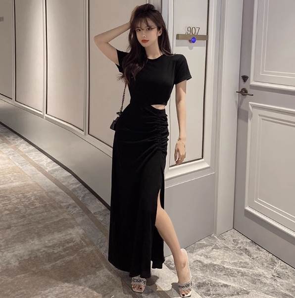 乐天商城 - ワンピース 半袖 タイト アシンメトリー シャーリング 美ライン ニュアンス サイドスリット レイヤード 伸縮性 スタイルアップ かわいい 大人可愛い きれいめ シンプル カジュアル 大人 上品 おしゃれ 大人女子 こなれ感 ラブリー ワンピース S M L 黒 送料無料 個性的