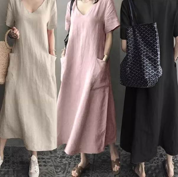 Rakuten - ワンピース ロング丈 半袖 Vネック フレア デザイン ウエストゴム 美ライン ニュアンス 天然素材 カラバリ リラックス かわいい 大人可愛い きれいめ シンプル カジュアル 大人 上品 おしゃれ 大人女子 こなれ感 ワンピース ラブリー キュート M L XL 2XL 送料無料 個性的