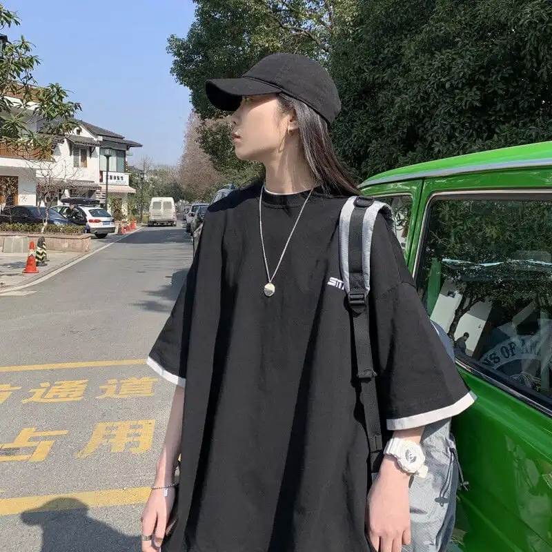 乐天商城 - トップス Tシャツ ビッグT レギュラー丈 袖あり 半袖 重ね着風 ラウンドネック M L XL 2XL 3XL 4XL 大人可愛い シンプル カジュアル 大人 おしゃれ かっこいい 大人女子 こなれ感 ラフ メンズライク キュート 送料無料 個性的 トップス セクシー 無地 プリント レディース