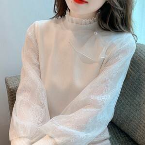 シフォンブラウス レース 長袖 クルーネック ドッキング デザイン 美ライン S M L XL ニュアンス レイヤード 異素材MIX かわいい 大人可愛い きれいめ シンプル カジュアル おしゃれ 大人 こなれ感 ラブリー キュート ガーリー トップス 送料無料 個性的 エレガント モダン