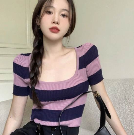 Rakuten - トップス カットソー スクエアネック ボーダー デザイン 美ライン ニュアンス リブ S M L XL 2XL 伸縮性 かわいい 大人可愛い きれいめ シンプル カジュアル おしゃれ 大人女子 こなれ感 ラブリー キュート ガーリー 送料無料 個性的 トップス エレガント モダン 主役級