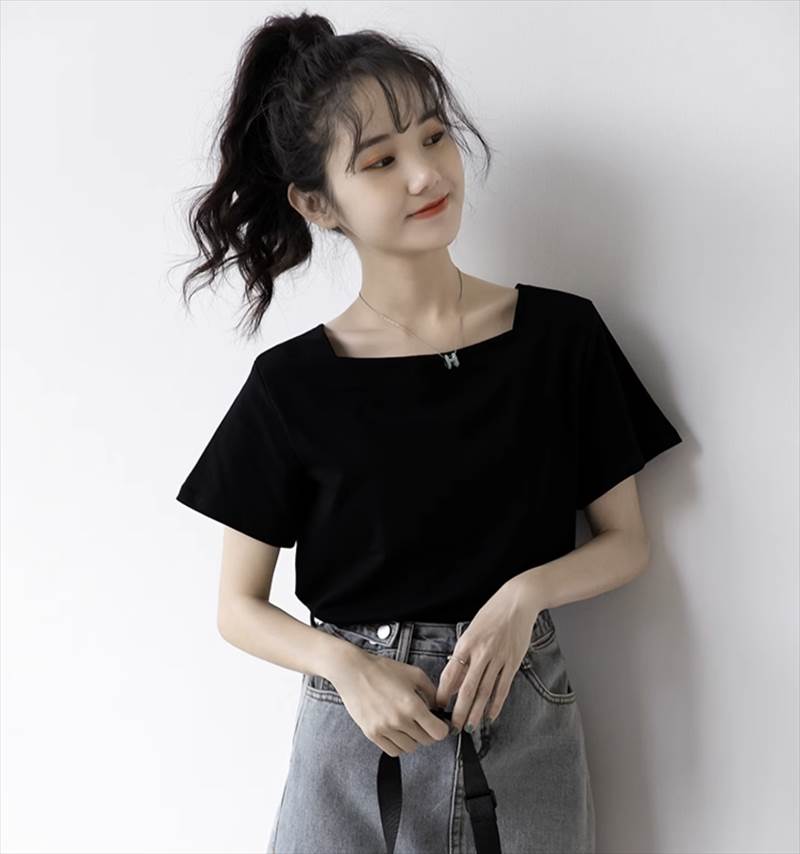 トップス Tシャツ ミディアム丈 ミドル丈 半袖 スクエアネック スリム S M L 細身 ストレート プルオ...