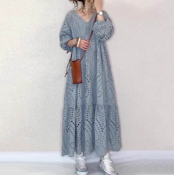 乐天商城 - ワンピース ロング丈 長袖 クルーネック フレア デザイン 美ライン ニュアンス ティアード 刺繍 ロマンチック ナチュラル かわいい 大人可愛い きれいめ シンプル カジュアル 大人 上品 おしゃれ 大人女子 送料無料 個性的 ワンピース こなれ感 ラブリー キュート ガーリー