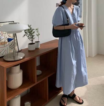 乐天商城 - ワンピース シャツワンピース ロング丈 7分袖 ラウンドネック ボリューム袖 M L XL 2XL 3XL 4XL ノーカラー ウエストリボン パフスリーブ 切り替えデザイン かわいい きれいめ シンプル カジュアル おしゃれ 大人女子 送料無料 個性的 ワンピース こなれ感 ガーリー モード系