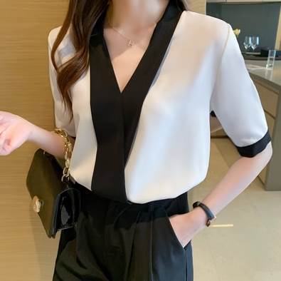 Long-Sleeved - トップス ブラウス プルオーバー 長袖 Vネック トリム 美ライン ニュアンス S M L XL 2XL バイカラー モノトーン かわいい 大人可愛い きれいめ シンプル カジュアル 大人 上品 おしゃれ 大人女子 こなれ感 送料無料 個性的 トップス ラブリー キュート ガーリー エレガント