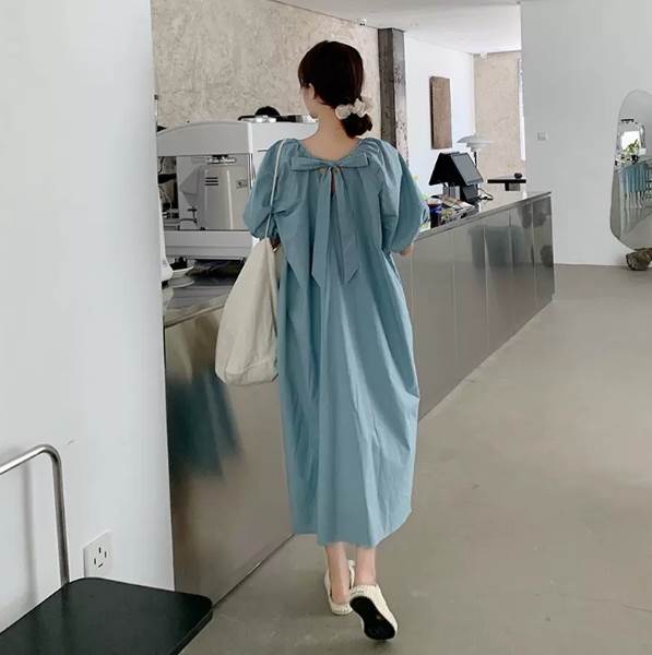 乐天商城 - ワンピース ロング丈 長袖 パフスリーブ ラウンドネック フレア L XL 2XL 3XL 4XL 美ライン ニュアンス バックリボン カラバリ ロマンチック かわいい 大人可愛い きれいめ シンプル カジュアル おしゃれ 送料無料 個性的 ワンピース 大人女子 こなれ感 ラブリー キュート