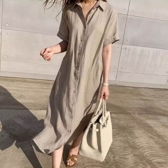 乐天商城 - ナチュラル シャツワンピ シャツワンピース ワンピース デート M L XL 2XL シャツワンピース ミモレ丈 ミディアム丈 ミドル丈 オーバーニー 半袖 襟付き ラペルカラー 前開き ボタン 薄手 ふんわり 大人可愛い 送料無料 個性的 ワンピース きれいめ シンプル カジュアル