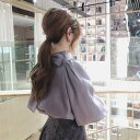 トップス シフォン ブラウス チュール フリル 長袖 スタンドカラー ボリューム袖 美ライン ニュアンス 軽やか ロマンチック 大人可愛い きれいめ シンプル 上品 おしゃれ エレガント