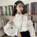 トップス ブラウス 長袖 キャンディースリーブ シャツカラー デザインカット シースルー ボタン 美ライン ニュアンス レース 軽やか ロマンチック 大人可愛い きれいめ シンプル 上品