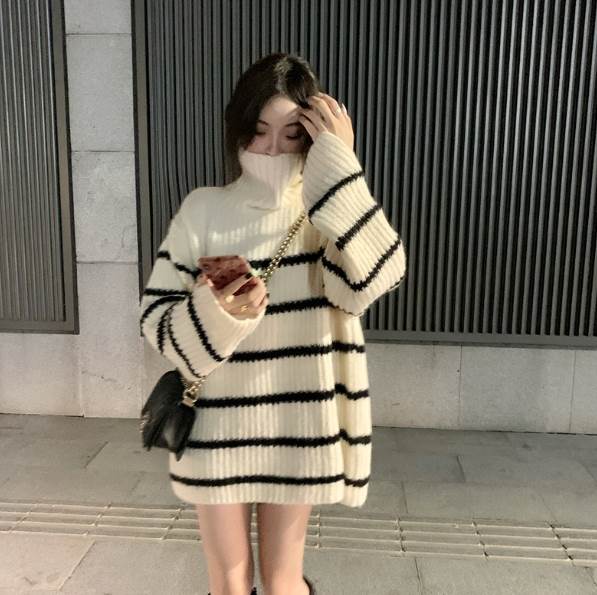 乐天商城 - トップス セーター 長袖 タートルネック ボーダー リブニット オーバーサイズ ビッグシルエット ドロップショルダー 美ライン 大人可愛い きれいめ シンプル カジュアル 大人 上品 おしゃれ 大人女子 こなれ感 体型カバー セーター ニット トレンド ゆったり 送料無料