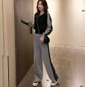 セットアップ パーカー ストレートパンツ 長袖 ウエストゴム 美ライン S M L XL ニュアンス ラインデザイン ツーピース お得 2点セット フード付き ...
