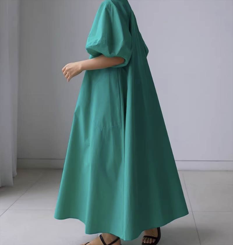 ワンピース スカート ロング丈 マキシ丈 送料無料 5分袖 パフスリーブ ラウンドネック フレア レディース かわいい 大人可愛い きれいめ こなれ感 シンプル カジュアル 主役級 存在感 個性的 フェミニン デート お出かけ ワンピース グリーン ブラック ホワイト S M L XL
