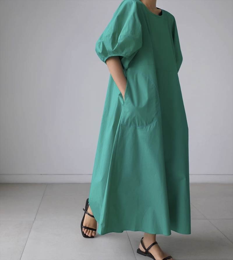 ワンピース スカート ロング丈 マキシ丈 送料無料 5分袖 パフスリーブ ラウンドネック フレア レディース かわいい 大人可愛い きれいめ こなれ感 シンプル カジュアル 主役級 存在感 個性的 フェミニン デート お出かけ ワンピース グリーン ブラック ホワイト S M L XL