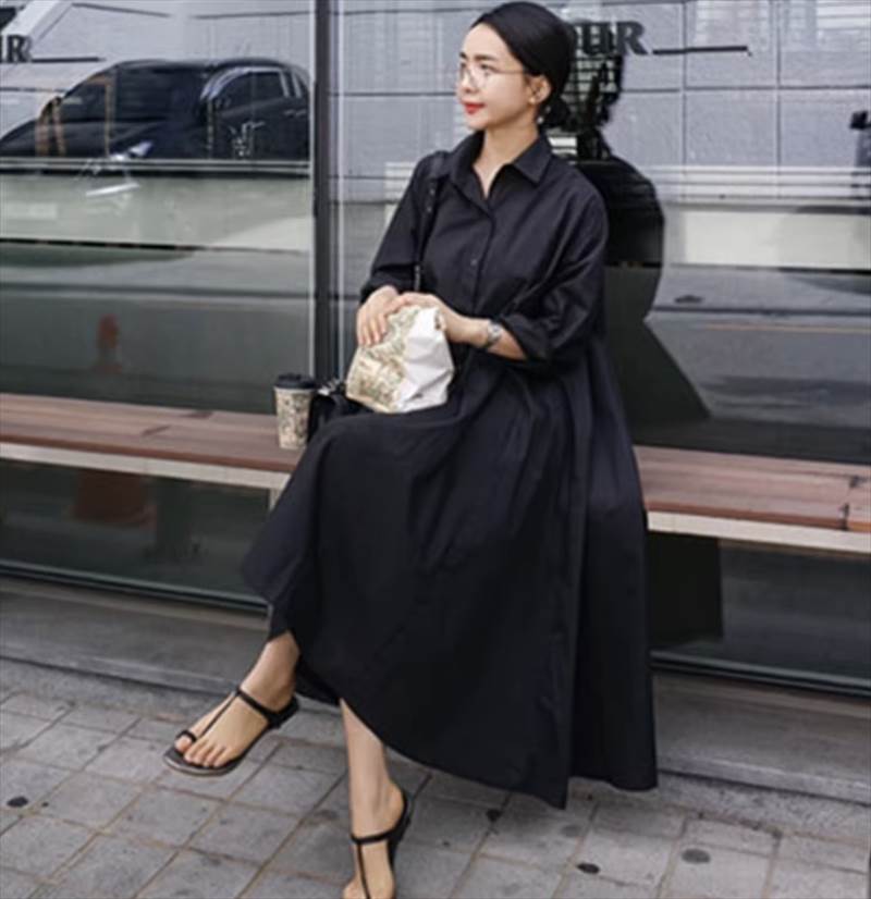 シャツワンピース スカート ロング丈 アシンメトリー 送料無料 襟付き 長袖 前開き ボタン レディース かわいい 大人可愛い きれいめ こなれ感 シンプル カジュアル 主役級 存在感 個性的 モダン フェミニン デート お出かけ シャツワンピース ブラック ホワイト S M L XL