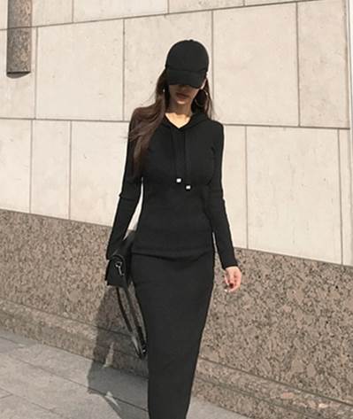 ワンピース スカート ロング丈 パーカー 送料無料 フーディー 長袖 細身 タイト ストレッチ レディース かわいい 大人可愛い きれいめ こなれ感 シンプル カジュアル 主役級 存在感 個性的 ラフ かっこいい フェミニン デート お出かけ ワンピース ブラック グレー S M L XL