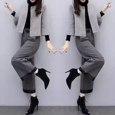 セットアップ ジャケット アウター パンツ 送料無料 ノーカラー クロップド 前開き 羽織 レディース かわいい 大人可愛い きれいめ 上品 こなれ感 シンプル カジュアル 主役級 存在感 個性的 モノトーン フェミニン お出かけ セットアップ グレー チェック M L XL 2XL 3XL