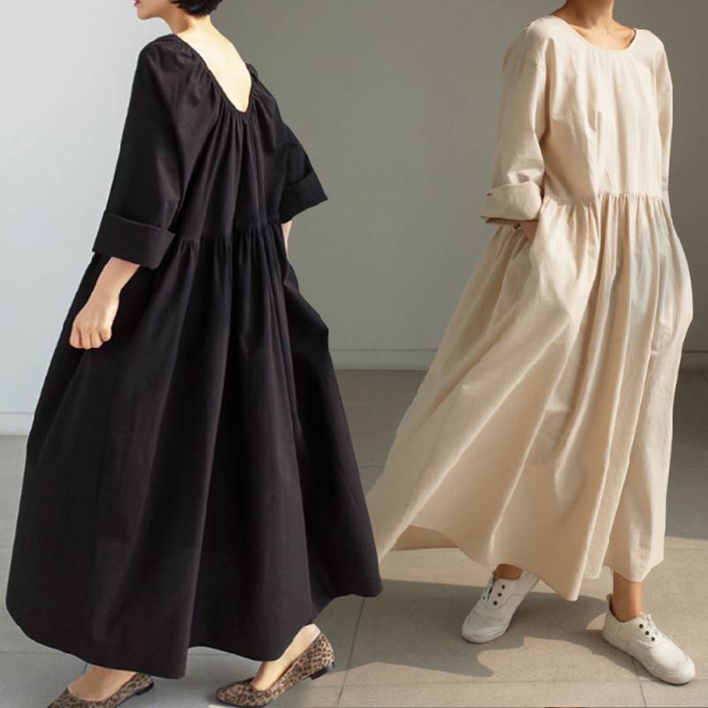 乐天商城 - ワンピース ロング丈 マキシ丈 送料無料 ラウンドネック バックカット プルオーバー フレア Aライン レディース かわいい 大人可愛い きれいめ 上品 こなれ感 シンプル カジュアル 主役級 存在感 個性的 モダン フェミニン お出かけ ワンピース ベージュ ブラック S M L XL