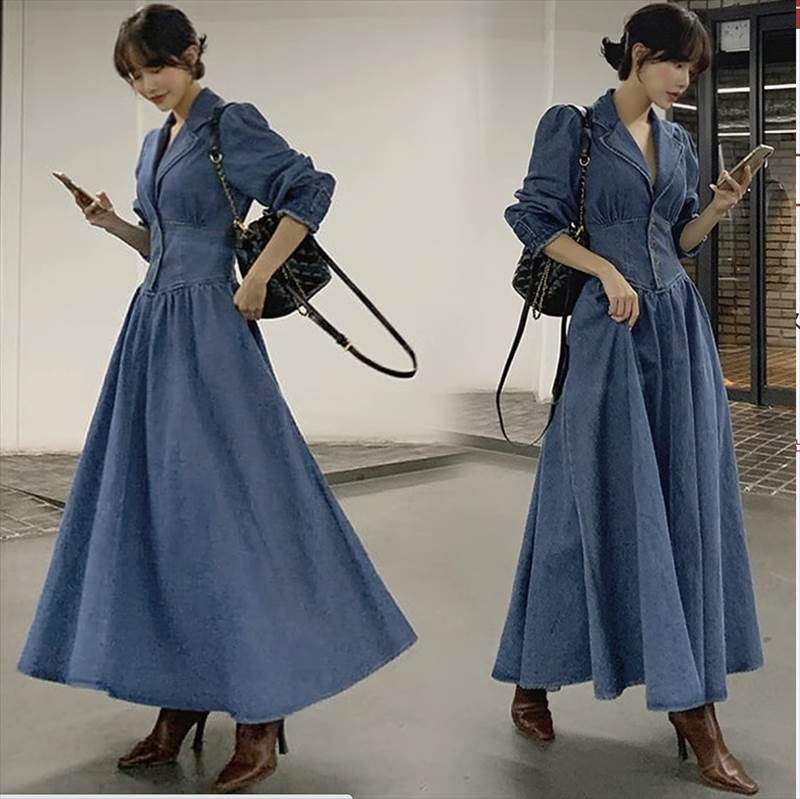 シャツワンピース スカート ロング丈 送料無料 デニム 長袖 ボリューム袖 Vネック フレア ウエストマーク レディース かわいい 大人可愛い きれいめ 上品 こなれ感 シンプル カジュアル 主役級 存在感 個性的 モダン フェミニン お出かけ シャツワンピース ブルー S M L XL