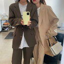 セットアップ スーツ テーラードジャケット アウター スラックスパンツ 送料無料 羽織 前開き レディース かわいい 大人可愛い きれいめ 上品 こなれ感 シンプル カジュアル 主役級 存在感 個性的 モダン デート お出かけ セットアップ ベージュ ブラウン オーバーサイズ OL