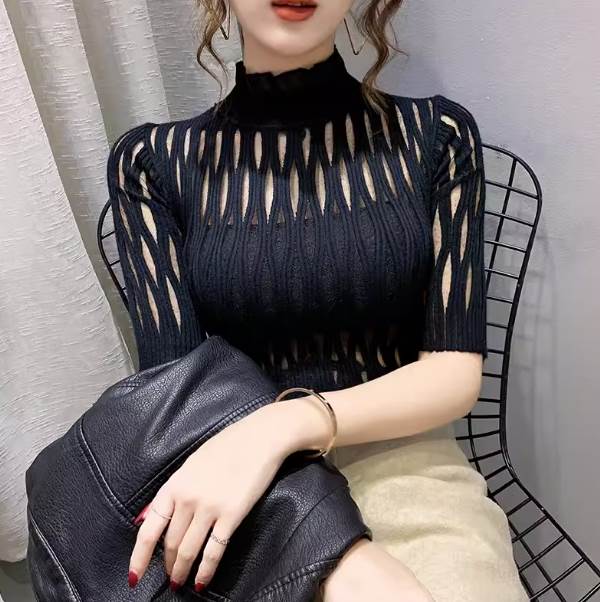 Long-Sleeved Knit - ニット トップス プルオーバー シャツ 送料無料 半袖 タートルネック タイト レディース フリルレース 透け感 かわいい 大人可愛い きれいめ 上品 こなれ感 シンプル カジュアル 主役級 存在感 個性的 セクシー 重ね着 レイヤード ブラック ホワイト ニット S M L XL モテ