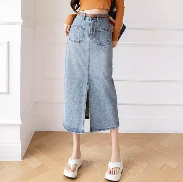 スカートミモレ丈ロングデニムスリッ...
