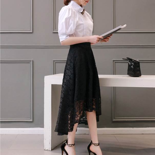 Rakuten - スカート ミモレ丈 ロング丈 送料無料 レース ジッパー ウエストゴム レディース かわいい 大人可愛い きれいめ 上品 こなれ感 シンプル カジュアル 主役級 存在感 個性的 モノトーン クール クラシカル フェミニン デート お出かけ 着回し スカート ブラック M L XL 2XL