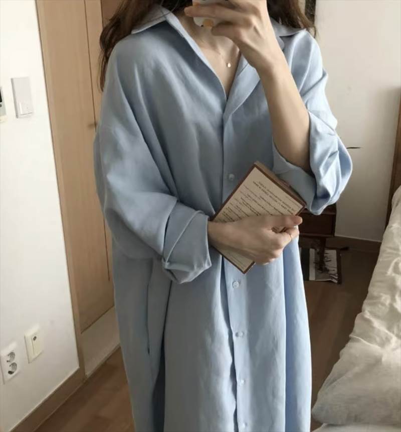 シャツワンピース スカート ミモレ丈 ロング丈 送料無料 長袖 襟付き ボタン 前開き レディース かわいい 大人可愛い きれいめ こなれ感 シンプル カジュアル 主役級 存在感 個性的 オールシーズン フェミニン デート お出かけ シャツワンピース ブルー ホワイト S M L X