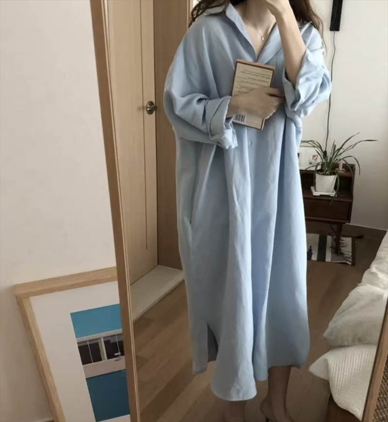 シャツワンピース スカート ミモレ丈 ロング丈 送料無料 長袖 襟付き ボタン 前開き レディース かわいい 大人可愛い きれいめ こなれ感 シンプル カジュアル 主役級 存在感 個性的 オールシーズン フェミニン デート お出かけ シャツワンピース ブルー ホワイト S M L X