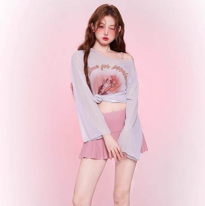 ビキニ タンキニ 水着 スイムウェア セパレート 送料無料 猫 透け感 長袖 フリル ハイウエスト レディース かわいい 大人可愛い きれいめ 上品 こなれ感 シンプル カジュアル 主役級 存在感 個性的 キュート モダン ビーチ プール リゾート ガーリー 海 ビキニ ピンク M L XL