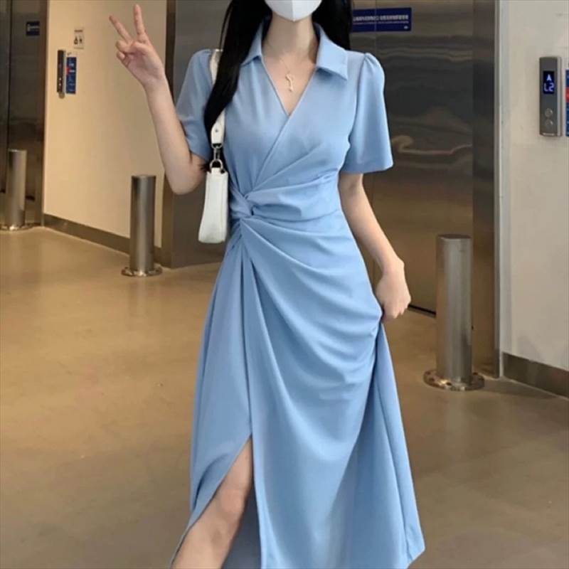 ワンピース スカート ミモレ丈 ロング丈 送料無料 スリット 半袖 襟付き ハイウエスト レディース かわいい 大人可愛い きれいめ こなれ感 シンプル カジュアル 主役級 存在感 フェミニン デート お出かけ M L XL 2XL 3XL 4XL ワンピース ブルー ピンク ブラック グリーン