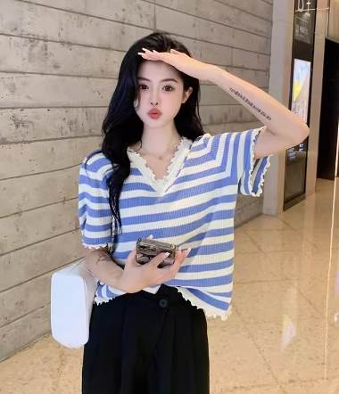 乐天商城 - Tシャツ カットソー トップス プルオーバー 送料無料 半袖 Vネック レディース レース ボーダー かわいい 大人可愛い きれいめ 上品 こなれ感 シンプル 主役級 存在感 個性的 普段使い ゆったり ガーリー お出かけ デート モテ Tシャツ ブルー ブラック L XL 2XL 3XL 4XL