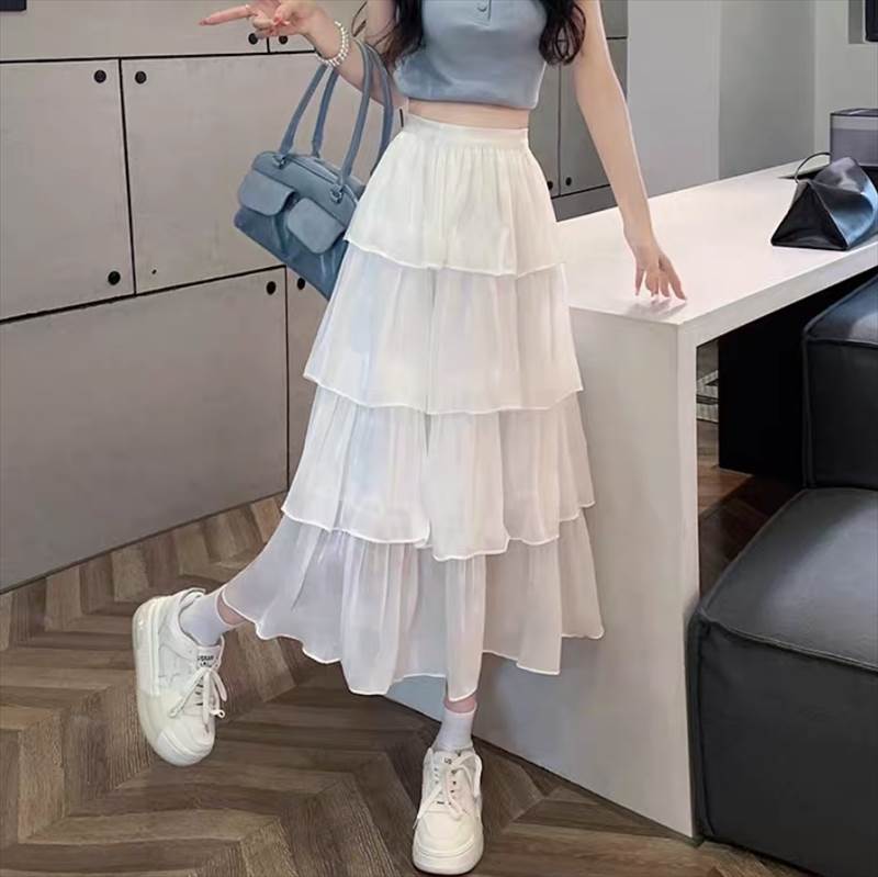 乐天商城 - スカート ミモレ丈 ロング丈 フリル 送料無料 ハイウエスト フレア レディース かわいい 大人可愛い きれいめ 上品 こなれ感 シンプル カジュアル 主役級 存在感 個性的 レトロ フェミニン デート 学生 OL お出かけ スカート ホワイト ブラック クリーム S M L XL モテ