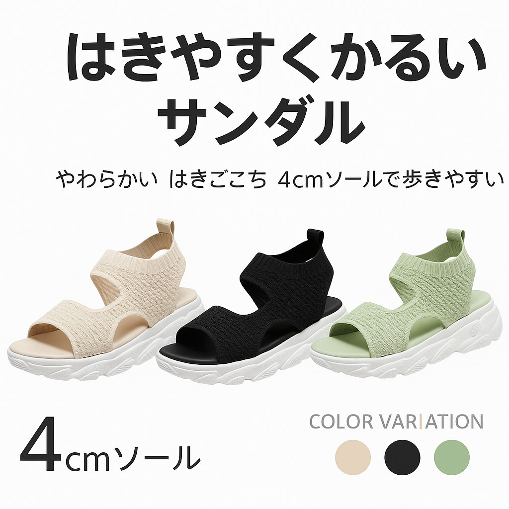 樂天商城 - 【夏用】ニットサンダル レディース 厚底 軽量 通気性 滑りにくい 柔らかい 4cmヒール 歩きやすい おしゃれ 黒 ベージュ グリーン 夏サンダル 丸いつま先 カジュアル 旅行 ニットサンダル ママコーデ 痛くない 丸いつま先 普段使い 韓国ファッション アウトドア カジュアル
