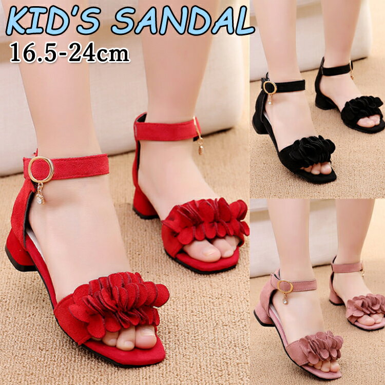 キッズ サンダル 女の子 ヒール 可愛い 花 16.5-24 ジュニア シンプル レッド ブラック ピンク 可愛い ..