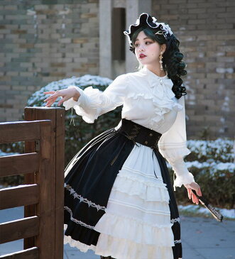 ロリータ 長袖 ブラウス 春秋冬 ゴシック ゴスロリ クラロリ ホワイト ブラック 優雅 エレガント クラシック リボン フリル レース レディース シフォン 耽美 貴族風 コスプレ コスチューム 衣装 ハロウィン Lolita ロリィタ フレアーギャザー シャツ