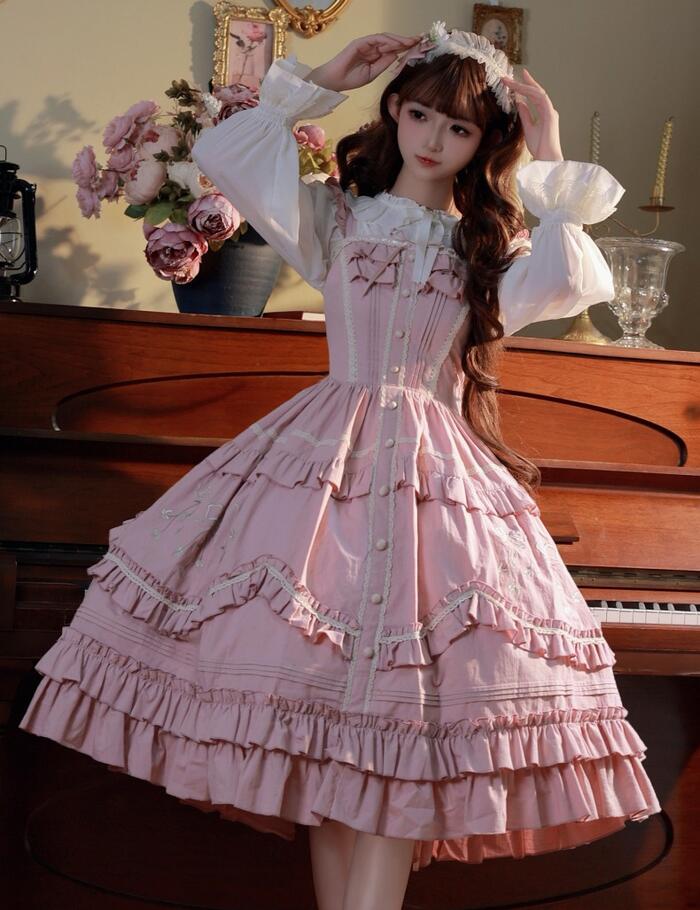 ロリータ フリル レース ジャンパースカート ジャンスカ ワンピース ドレス 華やか お花 かわいい 萌え ゆめかわいい クラシカル ロリータ クラロリ 甘ロリ ロリータファッション レディース 衣装 コスプレ 学園祭 文化祭 コスチューム スモーキーピンク 新入荷