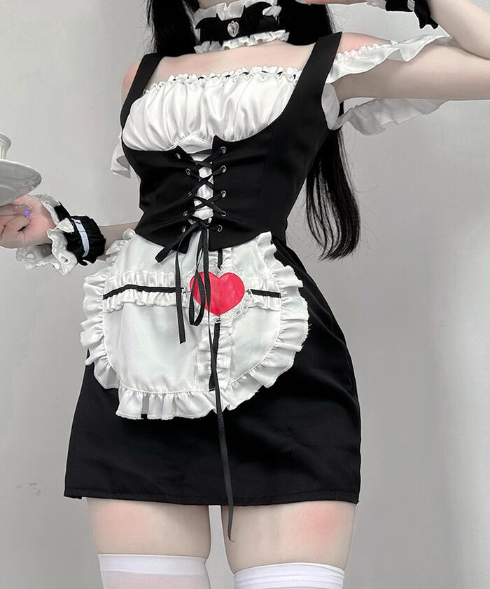 メイド服 ワンピース コルセット エプロン ヘッドドレス 4点セット ミニ丈 ハートモチーフ 可愛い セクシー コスプレ 誘惑 レディース ハロウィン ロリータ ゴスロリ コスチューム 衣装 メイド 新入荷 2