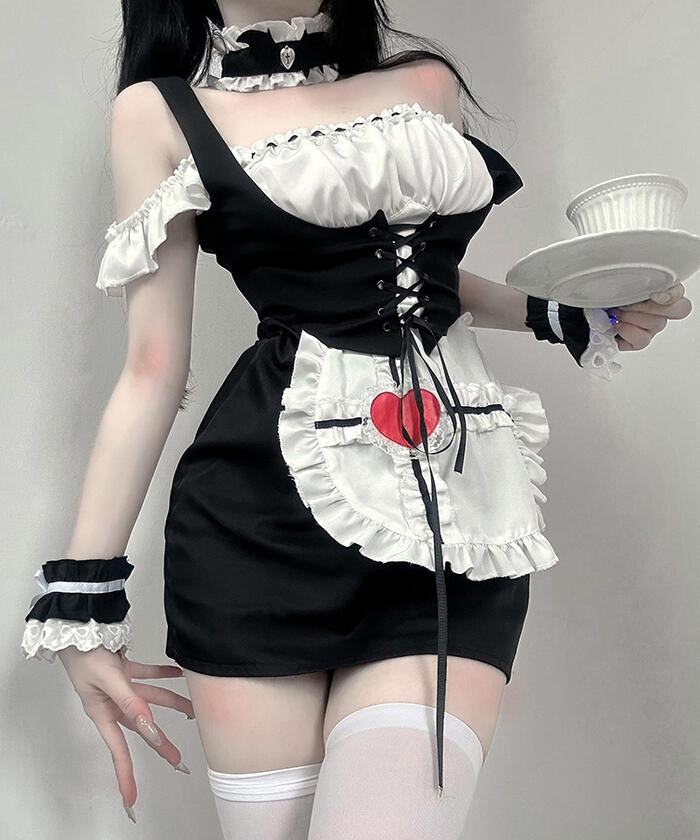 メイド服 ワンピース コルセット エプロン ヘッドドレス 4点セット ミニ丈 ハートモチーフ 可愛い セクシー コスプレ 誘惑 レディース ハロウィン ロリータ ゴスロリ コスチューム 衣装 メイド 新入荷 3