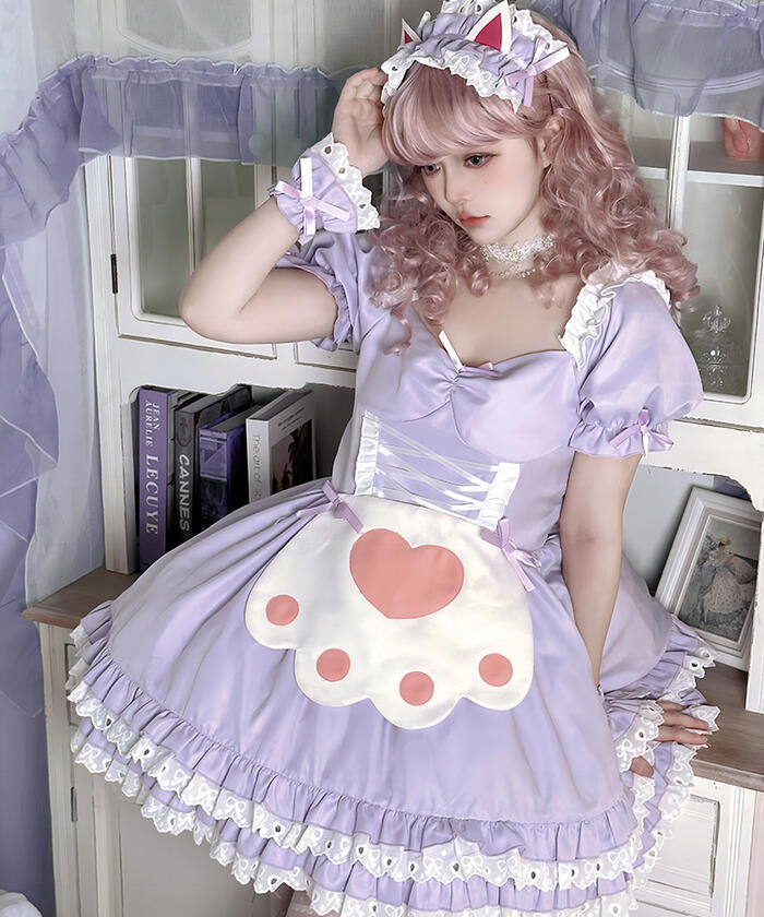 メイド服 猫耳メイド ワンピース エプロン ヘッドドレス 豪華セット 半袖 ミニ丈 可愛い 萌え 肉球 セクシー ロリー…