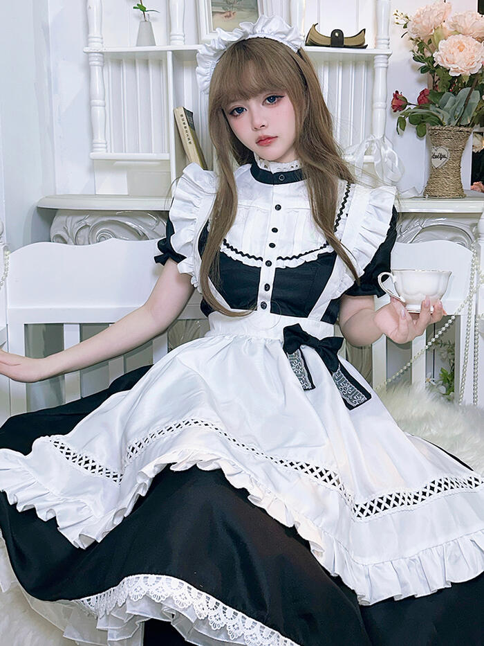 メイド服 ワンピース 半袖 クラシカル ロング丈 メイド 定番 カチューシャ セット 英国風 ロリータ 大人可愛い エレガント モノトーン エプロン メイド リボン フリル 制服 喫茶店 メイドカフェ コスチューム レディース メイドコス コスプレ 学園祭 文化祭