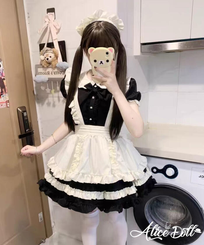 クラシカル メイド服 セット ロリィタ 半袖 ワンピース エプロン カチューシャ付き かわいい ミニ丈 フリル ロリータ レディース コスプレ メイドカフェ 喫茶店 飲食店 制服 パーティー イベント S M L 新入荷