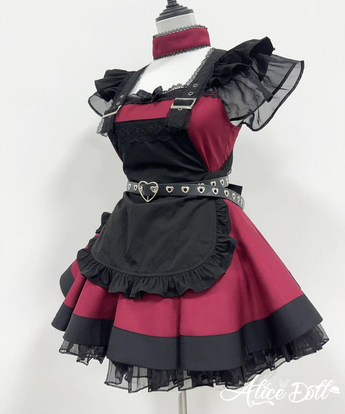 One-Piece - メイド服 ワンピース ゴスロリ エプロン ウエストベルト チョーカー カチューシャ付き 5点セット レディース ブラック レッド ロリータ風 半袖 ミニ丈 コスプレ 衣装 かわいい メイドカフェ 制服 パーティー 飲食店 新入荷