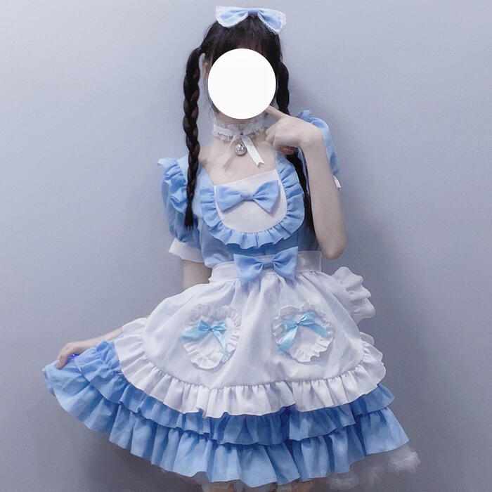 ロリータ エプロン ワンピース 4点セット メイド服 レディース 可愛い セクシー コスプレ 選べる色 半袖 レース メイドカフェ メイド喫茶 超萌え ゆめかわいい リボン ロリータ ロリィタ 甘ロリ 衣装 コスチューム ハロウィン へアドレス 首飾り チョーカー エプロンセット