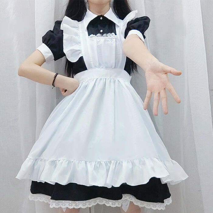 ロリータ ロリィタ 甘ロリ ワンピース 白黒 定番 クラシック メイド服 レディース 半袖 長袖 選べる メイドカフェ ヘッドドレス付き メイド喫茶 制服 コスプレ メイド エプロンセット 可愛い キュート フリル ひらひら ヘッドドレス コスチューム ドレス ハロウィン